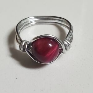 Pink Tiger Eye Silver wire ring size 7 Handmade jewelry for women's